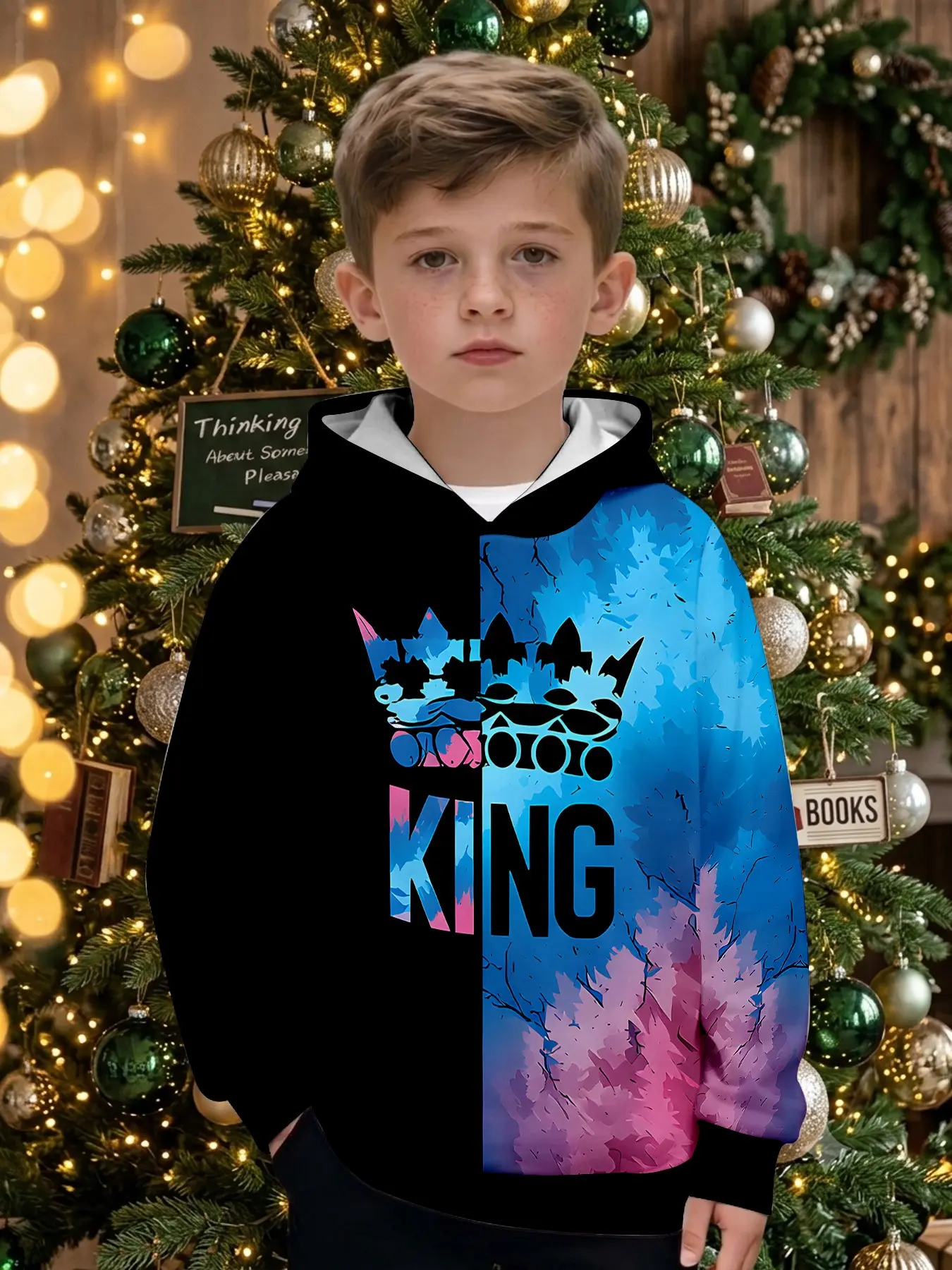 Boys' Gradient Crown Hoodie, Cool Long Sleeve Top, Perfect for Parties and Gifts, Ages 1-14, Fall & Winter Fashion