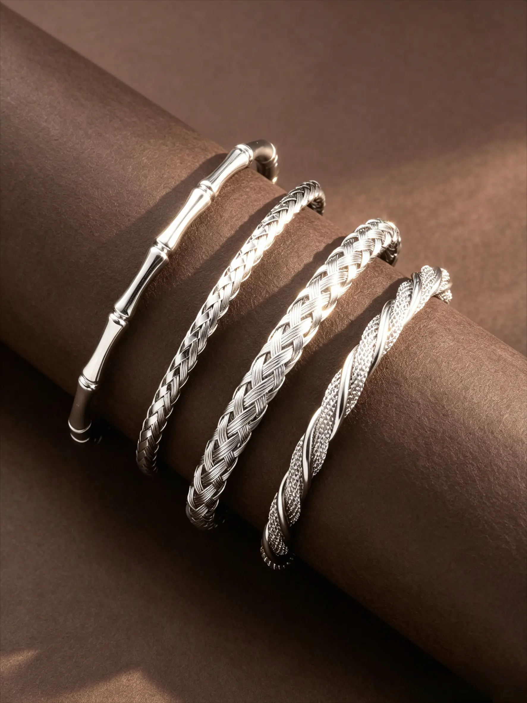 Vintage 4 Piece Unique Multi Texture Unisex Open Cuff Bangle Set, Contains Smooth Bamboo Shape & Three Different Hand-Woven Twisted Bangles, Polished Silver Plated Alloy Open Bracelets, Lightweight Stackable Neutral Accessory For Daily Outfit, Casual Dati