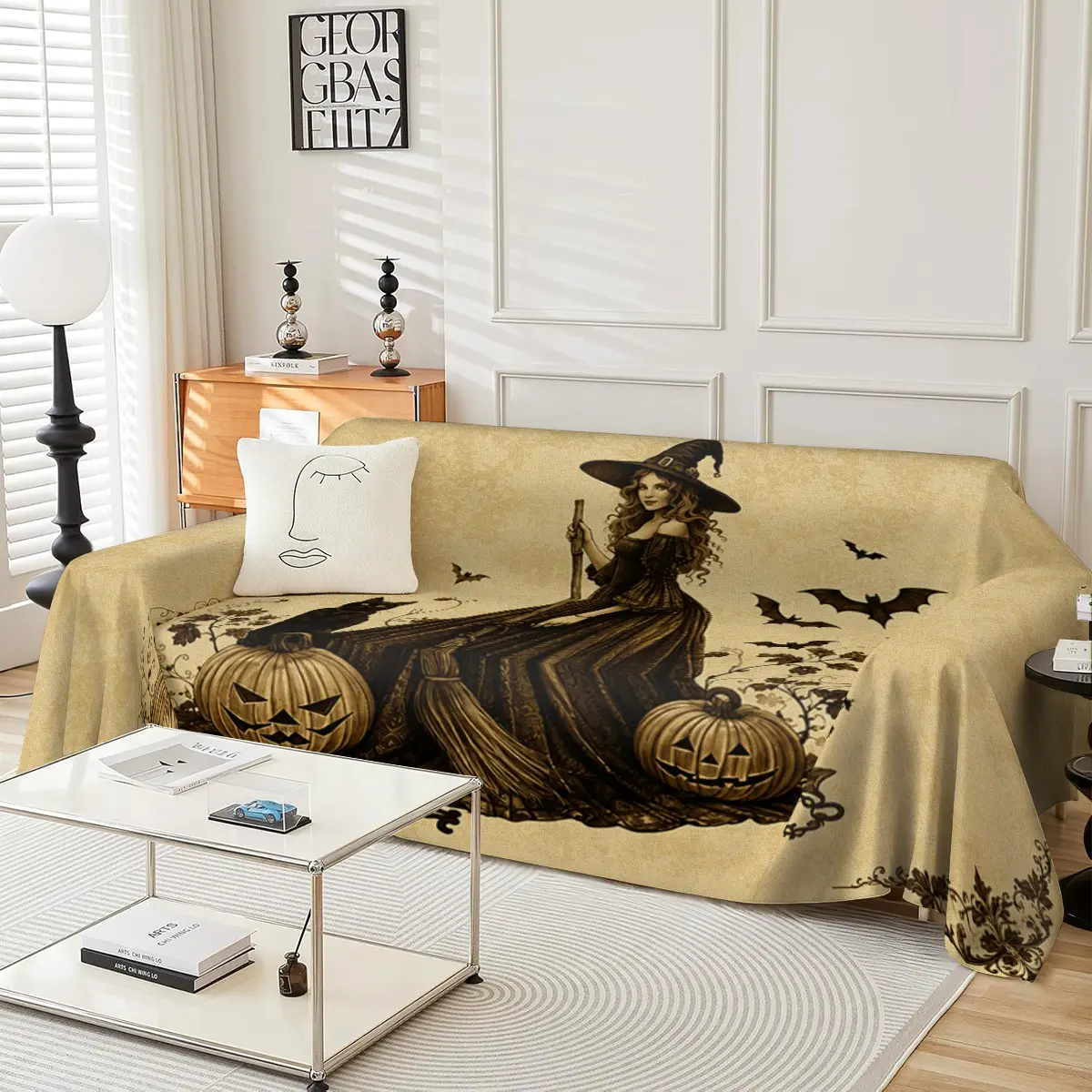 Retro Witch Halloween Sofa Cover Multi functional Sofa Cover Four Seasons Suitable for Living Room, Single to Four seater Sofa Decoration