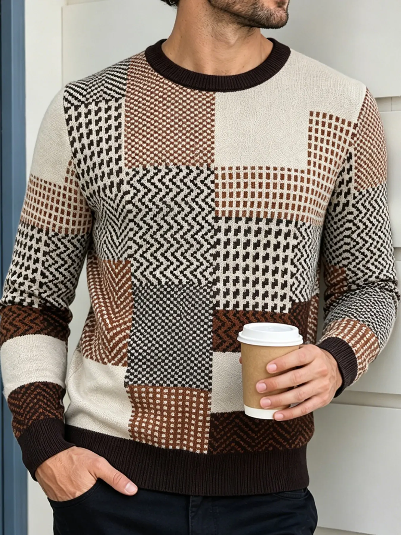 Men's Casual Colorblock Sweater, Maroon Tone Patchwork Design, Vintage Street Style, Fitted Long Sleeve, Fall & Winter Knitwear
