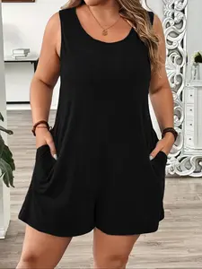 Plus Size Solid Color Sleeveless Romper, Casual Comfy Romper for Summer, Women's Plus Clothing for Daily Wear, Comfortable and Stylish