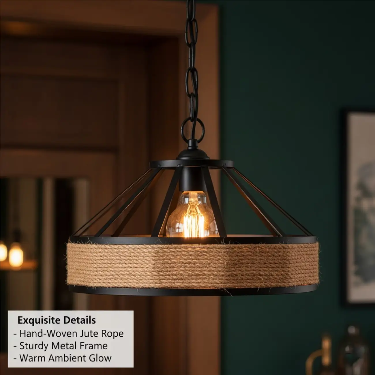 Scandinavian Minimalist Hemp Iron Pendant Light Shade, Light Cover, Handwoven Texture, Frame, Fits Most Lamps, Living Room, Dining Room, Kitchen Decor