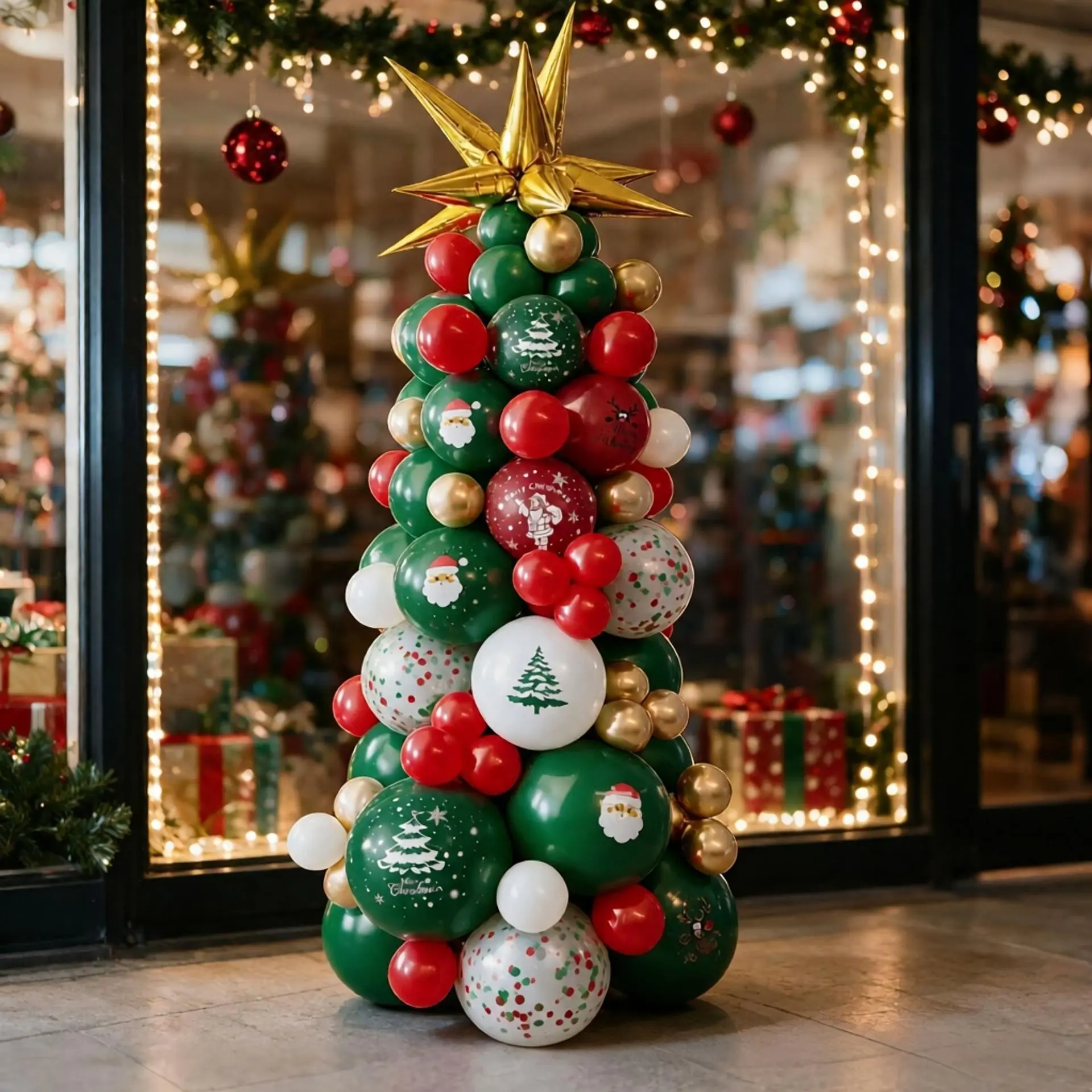 Christmas Balloon Tree Set, Santa Claus and Christmas Tree Latex Balloons, Star Foil Balloons, Party Decorations