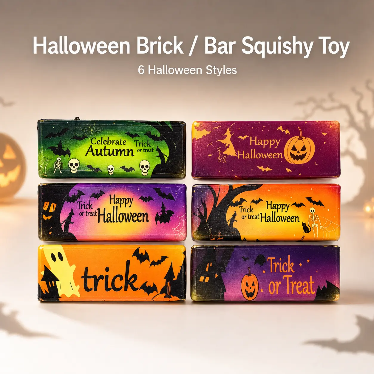 Spooky Halloween Brick Squishy Toy 6 Pumpkin Bat Ghost Autumn Styles Slow Rebound Soft Bar Fidget Toy Trick or Treat Candy Alternative Party Favor Goodie Bag Stuffer Holiday Gift for Kids Adults