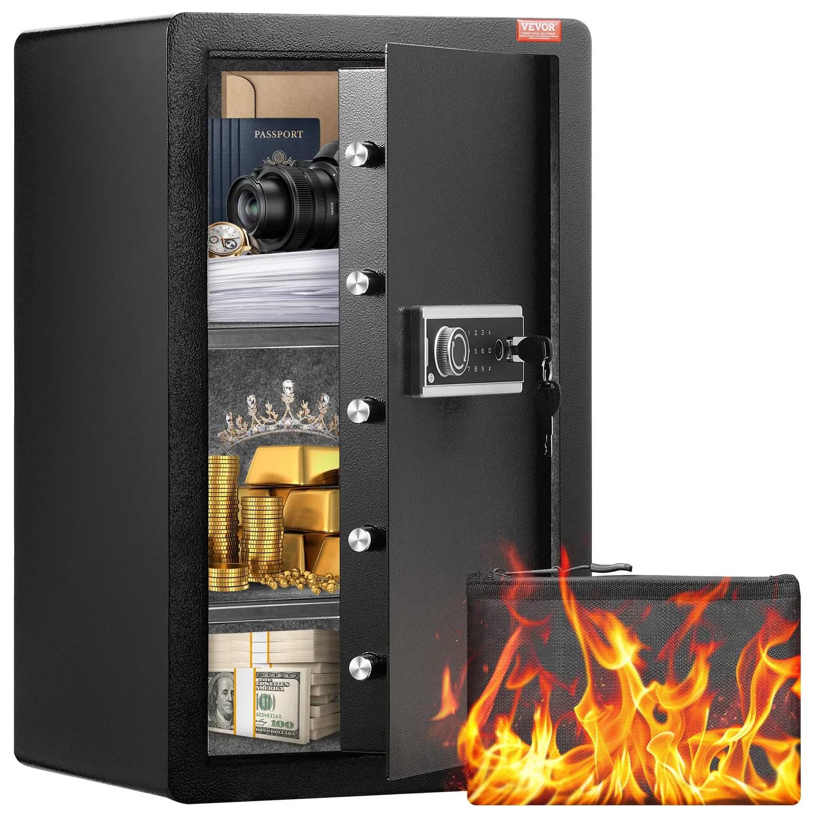 【toolupgrade】VEVOR Steel Single-Unit Rectangular 4.0 cu. ft Electronic Safe Box - Single Door, Multi-Lock (Key Lock, Password, Biometric), Fireproof Bag, Key Rack, LED Light, 2 Adjustable Shelves for Money, Documents (Black)