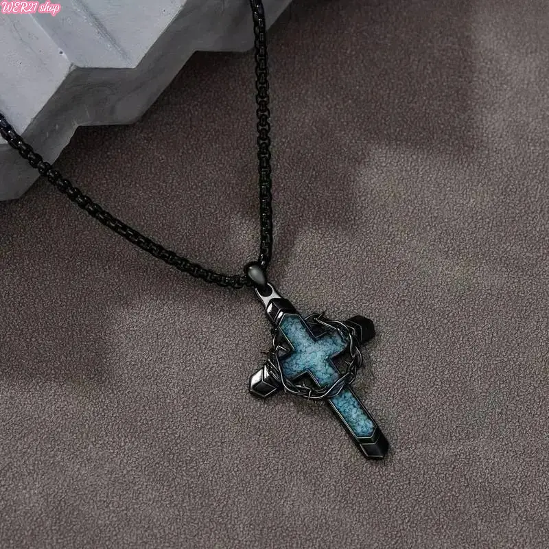 2026Turquoise Cross Necklace for Women, Thorny Wreath Thorn Crown Pendant Design, Unisex Religious Jewelry, All Seasons Gift-Ready Sports & Outdoor Accessory, Cross Necklace Women
