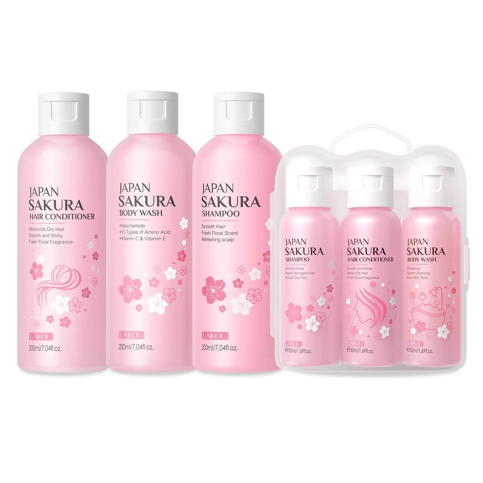 LAIKOU Japan Sakura Hair & Body Care Essentials Bundle, 6-Piece Gift Set with Daily Shampoo, Hair Conditioner, Body Wash & 3 Travel Size Mini Toiletries, Refreshing & Hydrating for Women and Teens, TSA Approved Travel Size Packs for Glowing Skin & Hair