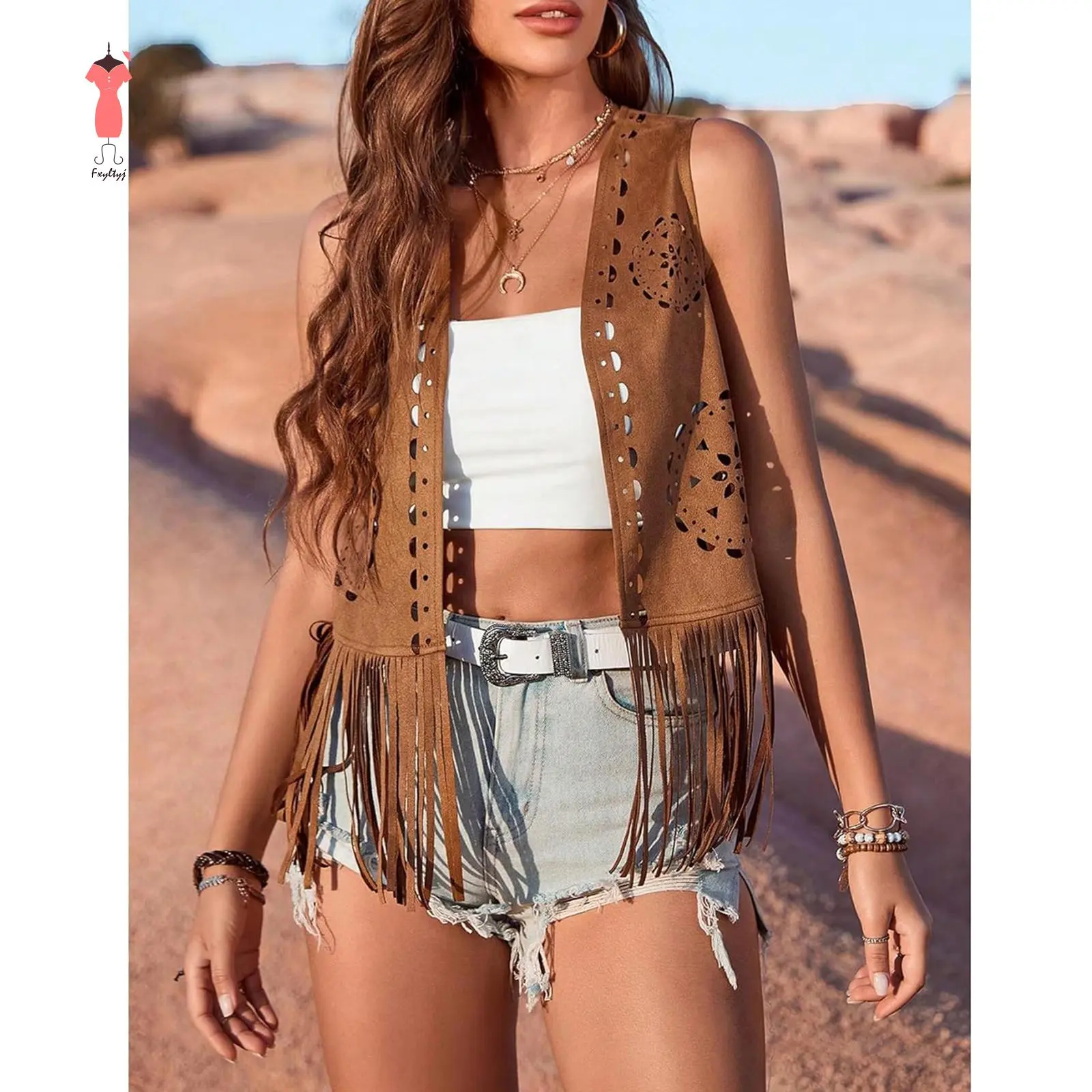 Women's Faux Suede Fringe Vest - Casual Open Front Sleeveless Outerwear, Polyester Tops Coat with Tassels for Hippie Style, Fringed Women's Vests, Lady, Hippie Look