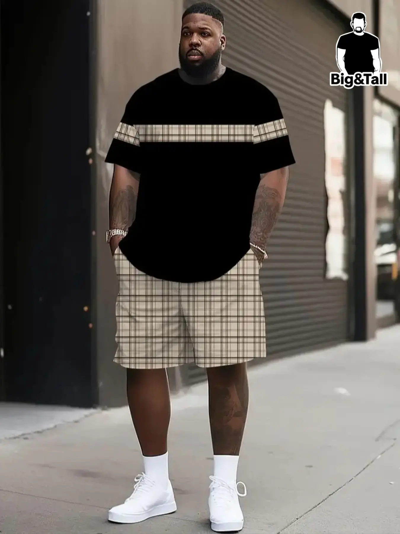 Men's Plus Size Classic Fashion Checked Plaid Print Two-Piece Set, Round Neck Short Sleeve T-Shirt and Shorts, Lightweight Comfortable Summer Casual Wear, Fabric, Menswear, Clothes, Shorts Set Outfit