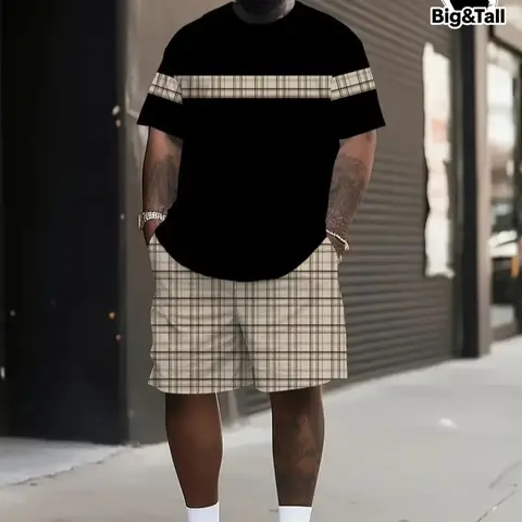 Men's Plus Size Classic Fashion Checked Plaid Print Two-Piece Set, Round Neck Short Sleeve T-Shirt and Shorts, Lightweight Comfortable Summer Casual Wear, Fabric, Menswear, Clothes, Casual Clothing Set