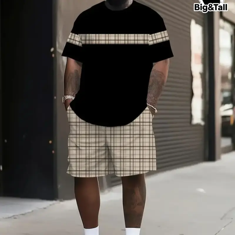 Men's Plus Size Classic Fashion Checked Plaid Print Two-Piece Set, Round Neck Short Sleeve T-Shirt and Shorts, Lightweight Comfortable Summer Casual Wear, Fabric, Menswear, Clothes, Casual Clothing Set