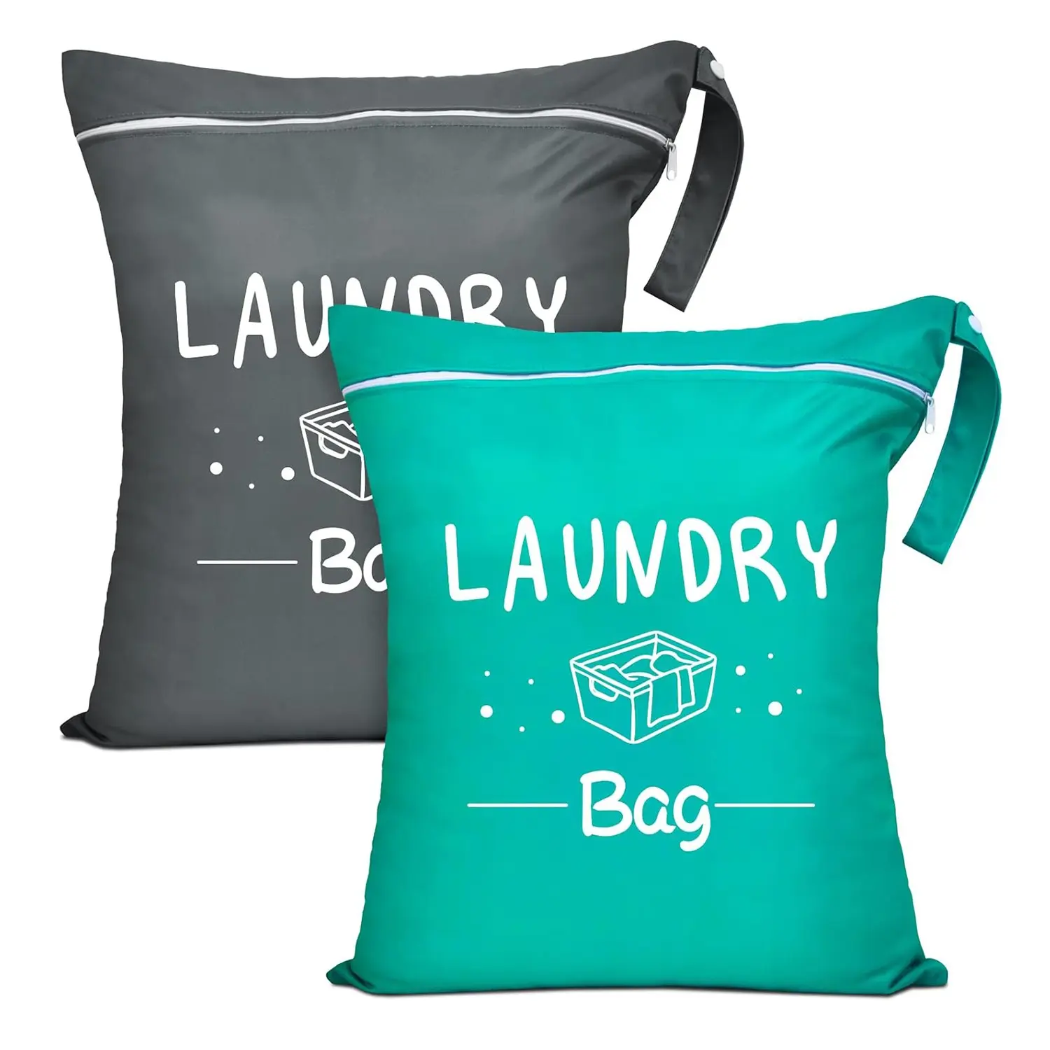 2-Pack Large Travel Laundry Bags – Laundry Accessories, Waterproof Wet/Dry Separation, Washable Drawstring – for Swimsuits, Activewear, Gym & Yoga Clothes – Green/Gray