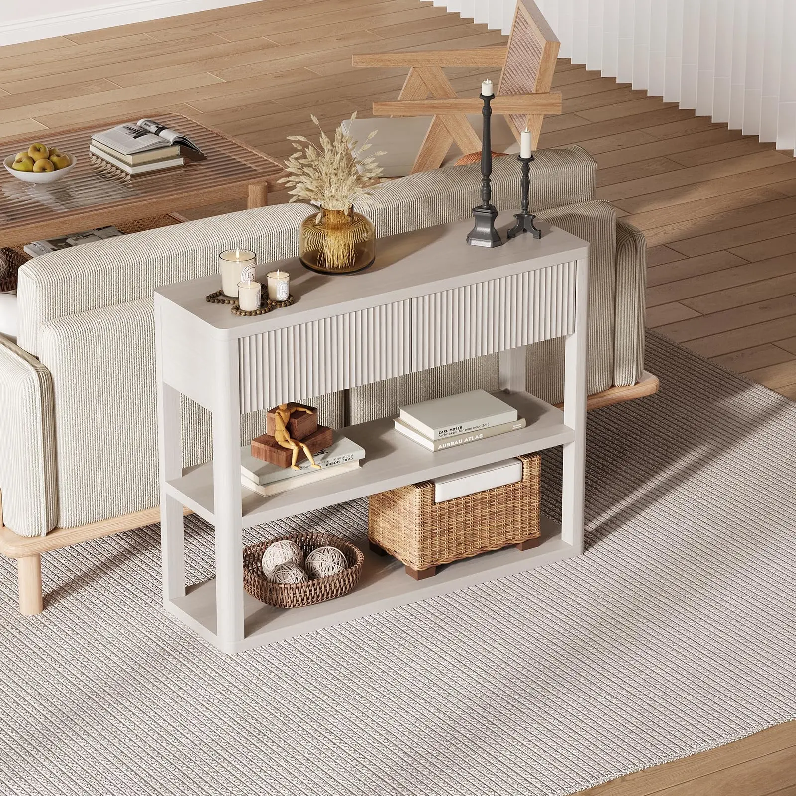 Modern Fluted Console Table with Storage Drawers, 3-Tier Entryway Table