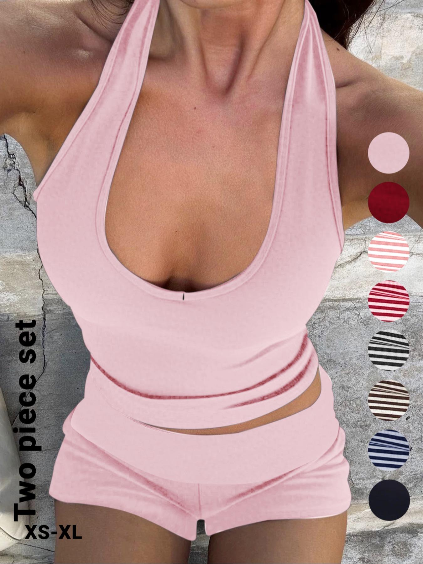 Women's Casual Striped Halter Neck Crop Top & Shorts Set, Summer Fitted Two-Piece, Regular Length, Moderate Fabric Thickness, Womenswear Women's Casual Striped Halter Neck Crop Top & Shorts Set, Summer Fitted Two-Piece, Regular Length, Moderate Fabric Thickness, Womenswear