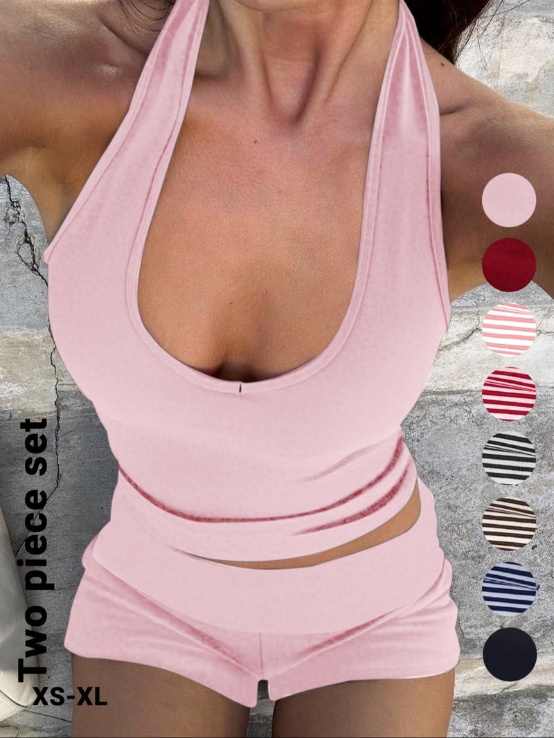 Women's Casual Striped Halter Neck Crop Top & Shorts Set, Summer Fitted Two-Piece, Stretchy Outfit Sets, Regular Length, Moderate Fabric Thickness