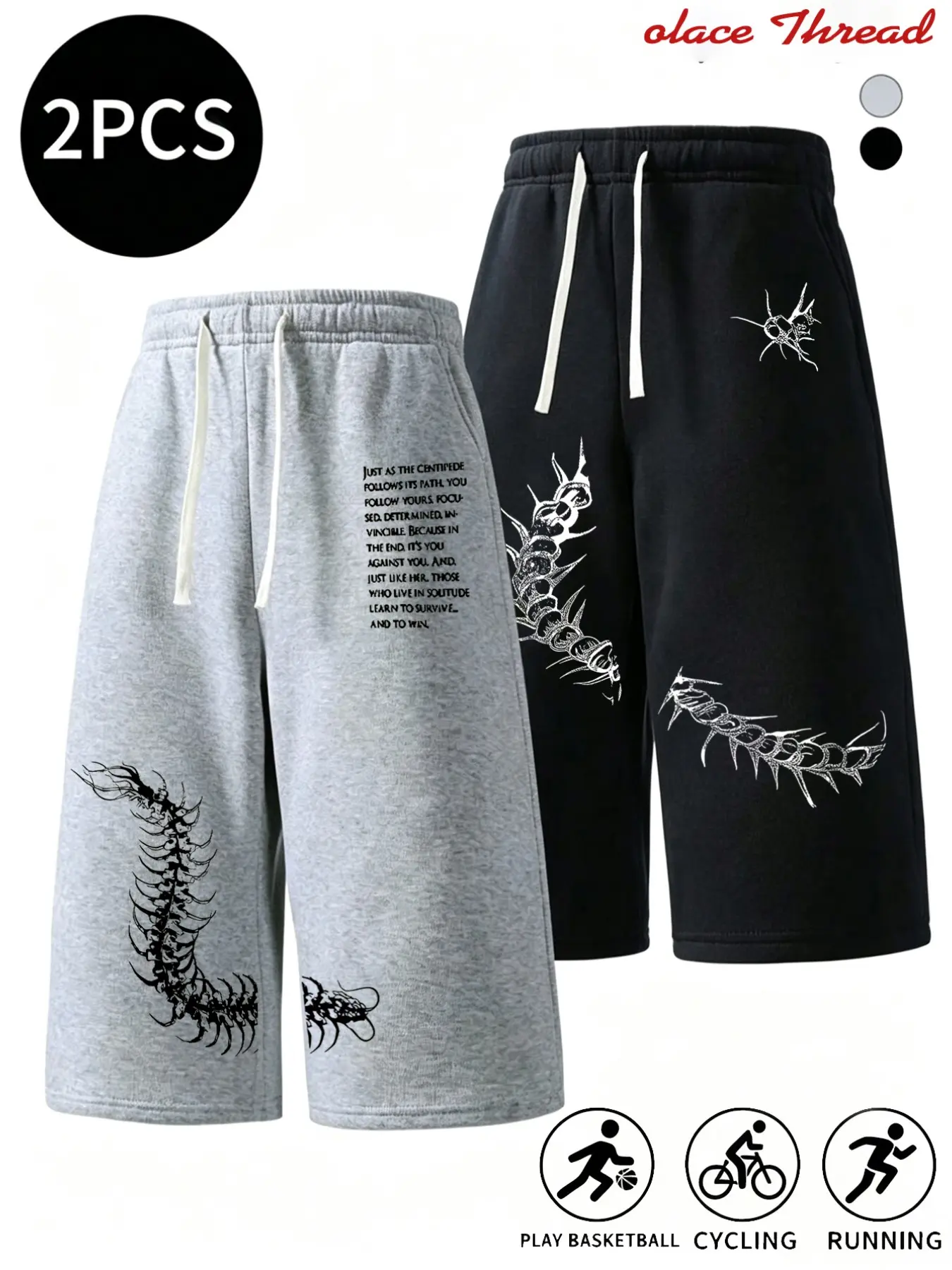 Unisex Dark Aesthetic Centipede Pattern Bermuda Shorts, Y2K Street Style Drawstring Waist Casual Sporty Shorts, Ideal for Daily Workouts
