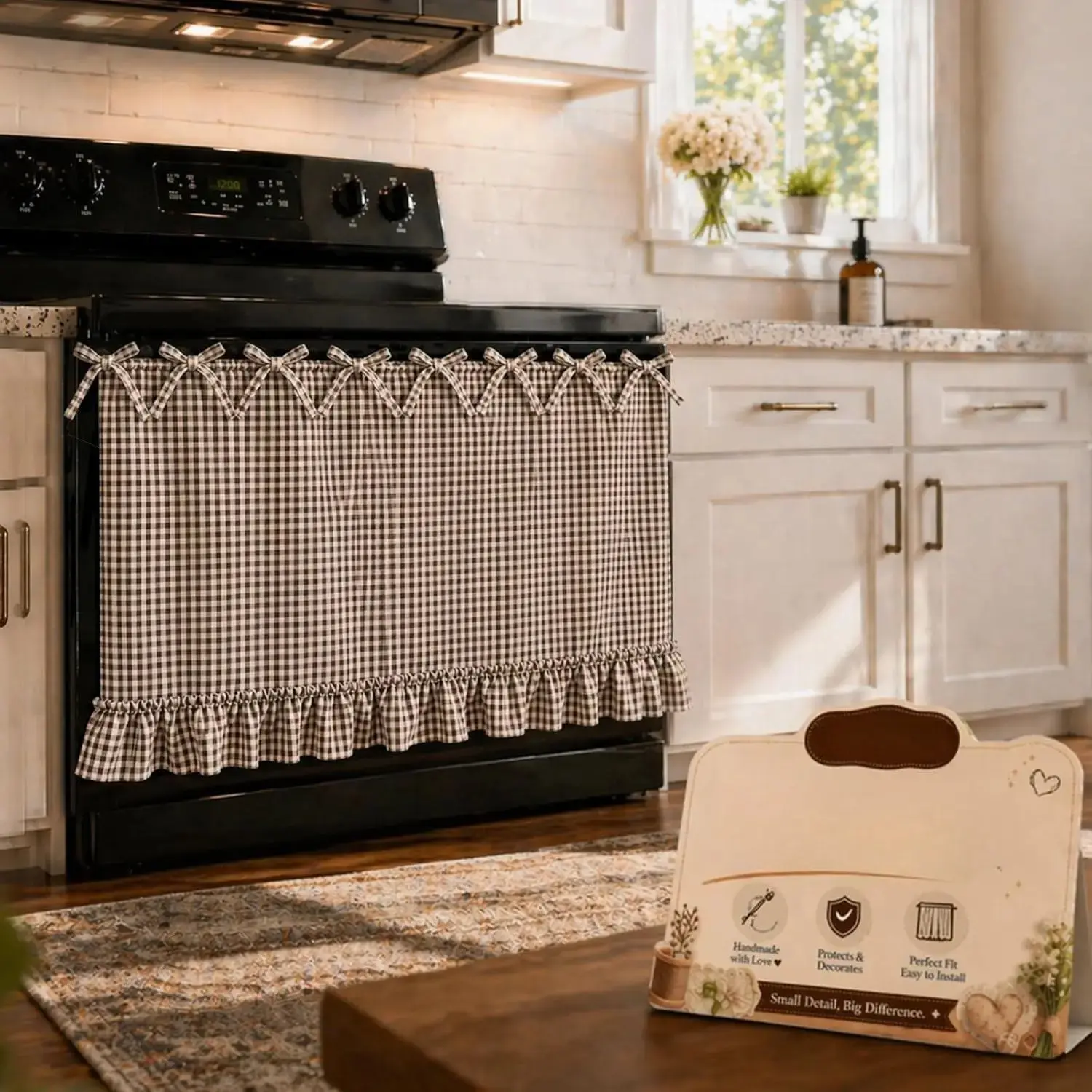 Black and White Gingham Check Handmade Oven Skirt - Ruffled Bow, Easy Install, Stove Top Cover, Dustproof Protector, Cottagecore Decorative Cover for Farmhouse Kitchen Home