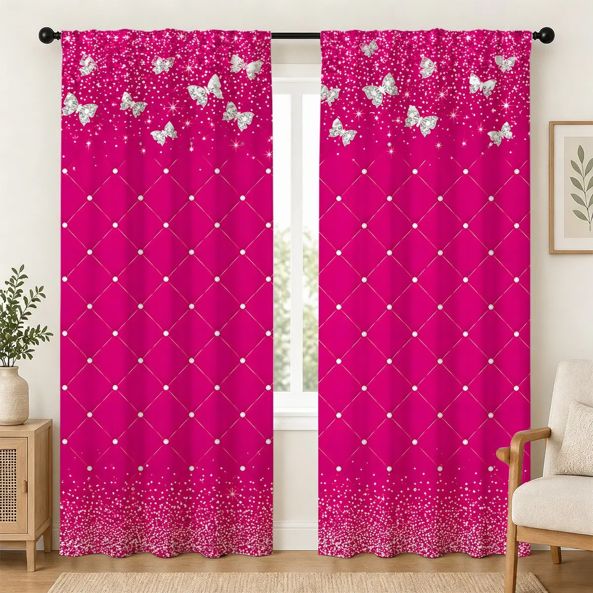 Multicolor Silver Glitter Butterfly Printed Curtains 2 Panels, window drapes, Diamond Lattice Confetti Dot Washable Polyester Window Curtains