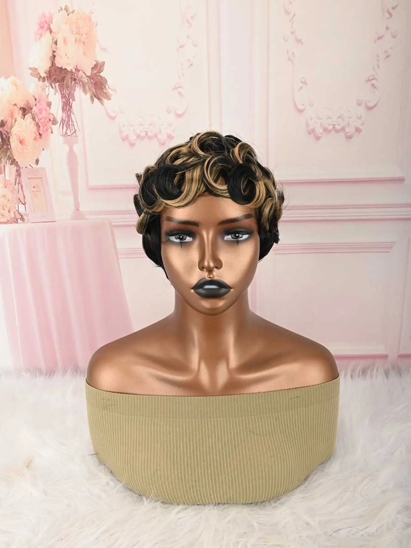 Short Pixie Black and Yellow Wigs Short Curly Pixie Wigs Synthetic Wigs Natural Wavy Pixie Cut Wig Short Curly Layered Pixie Wig