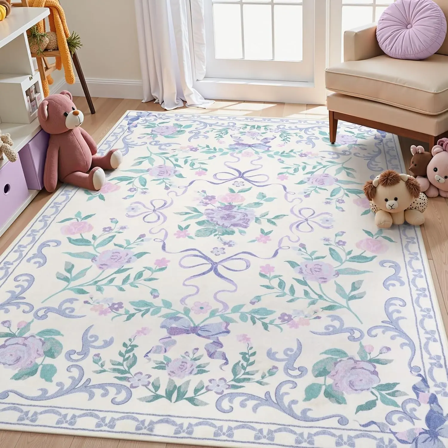 Purple Floral Rugs for Girls, 5x7 Washable Bow Area Rug for Living Room, Cute Ultra-Thin Non Slip Indoor Decor Carpet for Nursery Kids Room Bedroom Playroom (Purple 5' x 7')