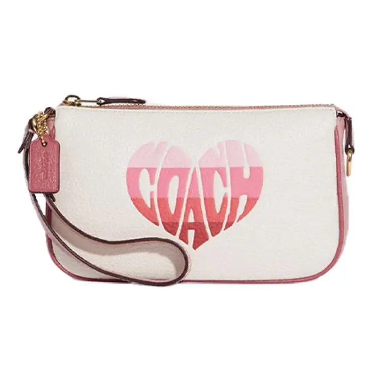 COACH Nolita 19 Zip-Top Gradient Heart Pattern Leather Crossbody Bag for Women – White and Pink