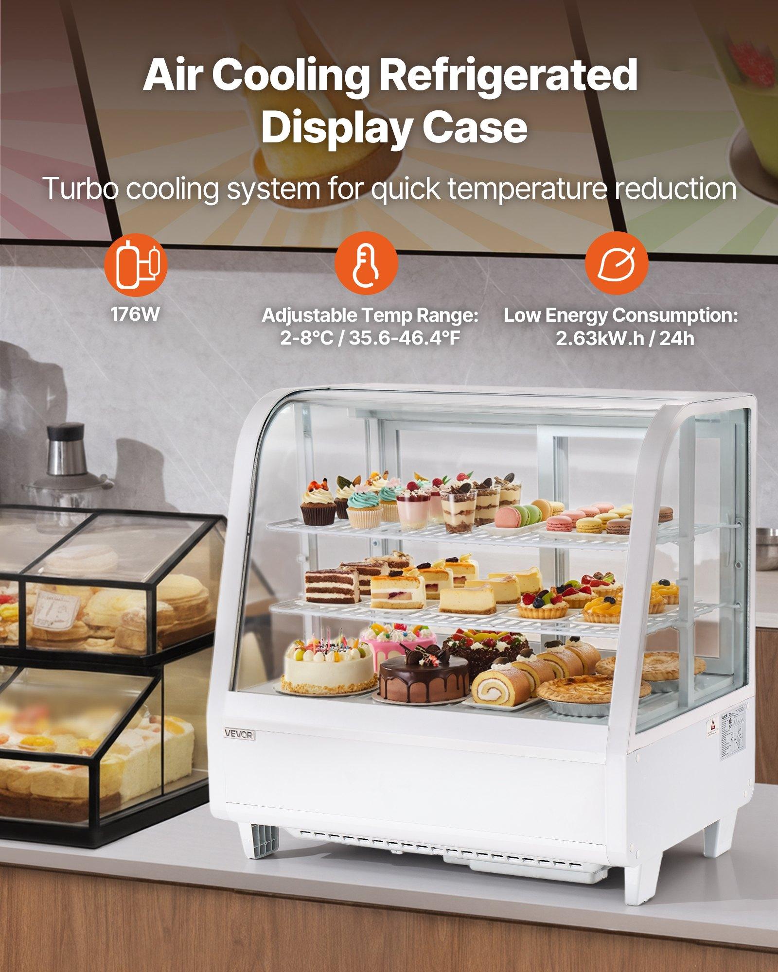 VEVOR Refrigerated Display Case, 3.5 Cu.Ft./100L Countertop Pastry Display Case, 2-Tier Commercial Cake Refrigerator with LED Lighting, TURBO Cooling, Frost-Free Air-Cooling, for Bakery, Dessert Shop VEVOR Refrigerated Display Case, 3.5 Cu.Ft./100L Countertop Pastry Display Case, 2-Tier Commercial Cake Refrigerator with LED Lighting, TURBO Cooling, Frost-Free Air-Cooling, for Bakery, Dessert Shop