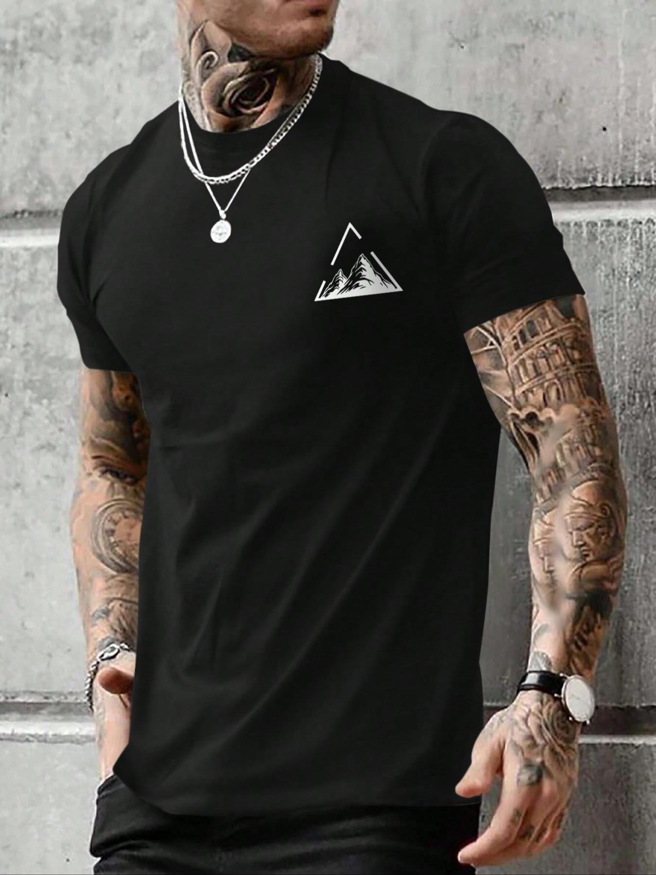 Men's Mountain Print Round Neck Tee, Casual Short Sleeve Crew Neck T-shirt for Summer, Men's Top for Daily Wear, Athletic Shirt, Athletic Sports Clothing, Athletic Apparel, Sporty T Shirt, Athletic Fashion Activewear, Athletic T Shirts