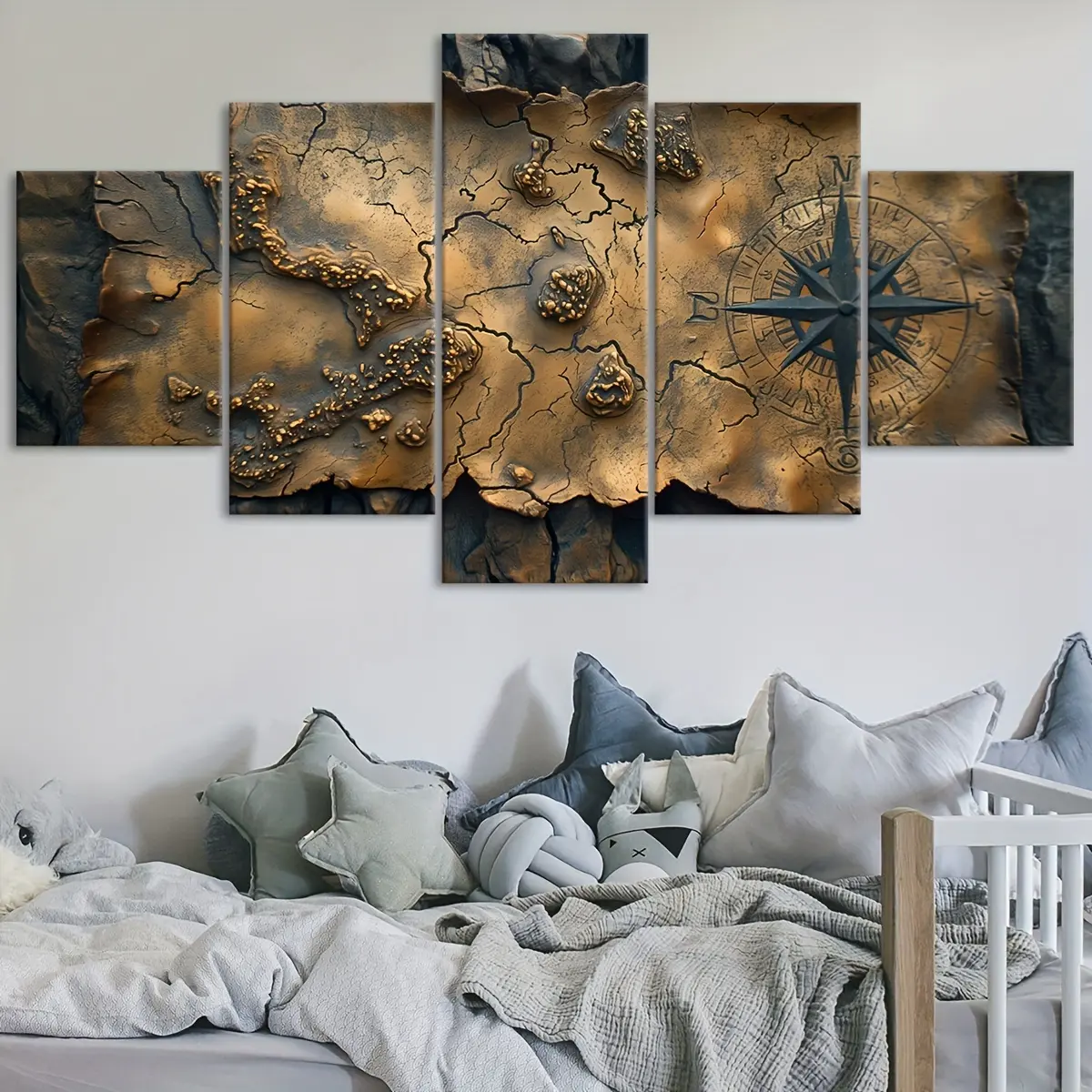 5pcs Retro Map 2D Flat Frame Modular Canvas Poster - 5-Panel Scene Art Print, Waterproof Odorless Home Hanging Decor for Bedroom, Living Room Gift for Family Friends