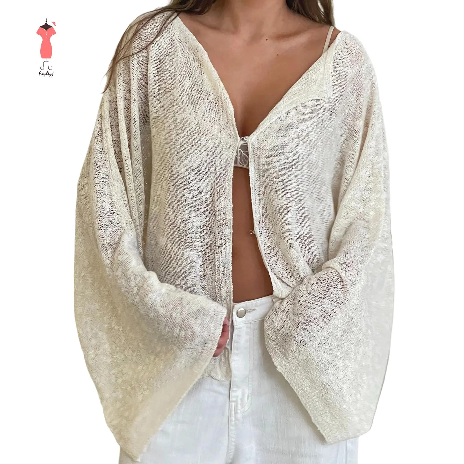 Lady's Loose Fit Long-Sleeves Knitwear Sweater, Solid Boat Neck Hook-and-Eye Casual Fall Women's Top, Longsleeves, Cardigan