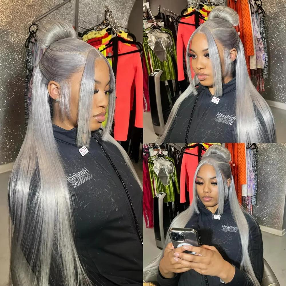 Bling Hair 30 Inch Silver Grey Straight 13x6 Hd Lace Frontal Human Hair Wigs Colored Hair Pre Plucked 13x4 Transparence Lace Front Wig 100% Human Hair Brazilian For Women