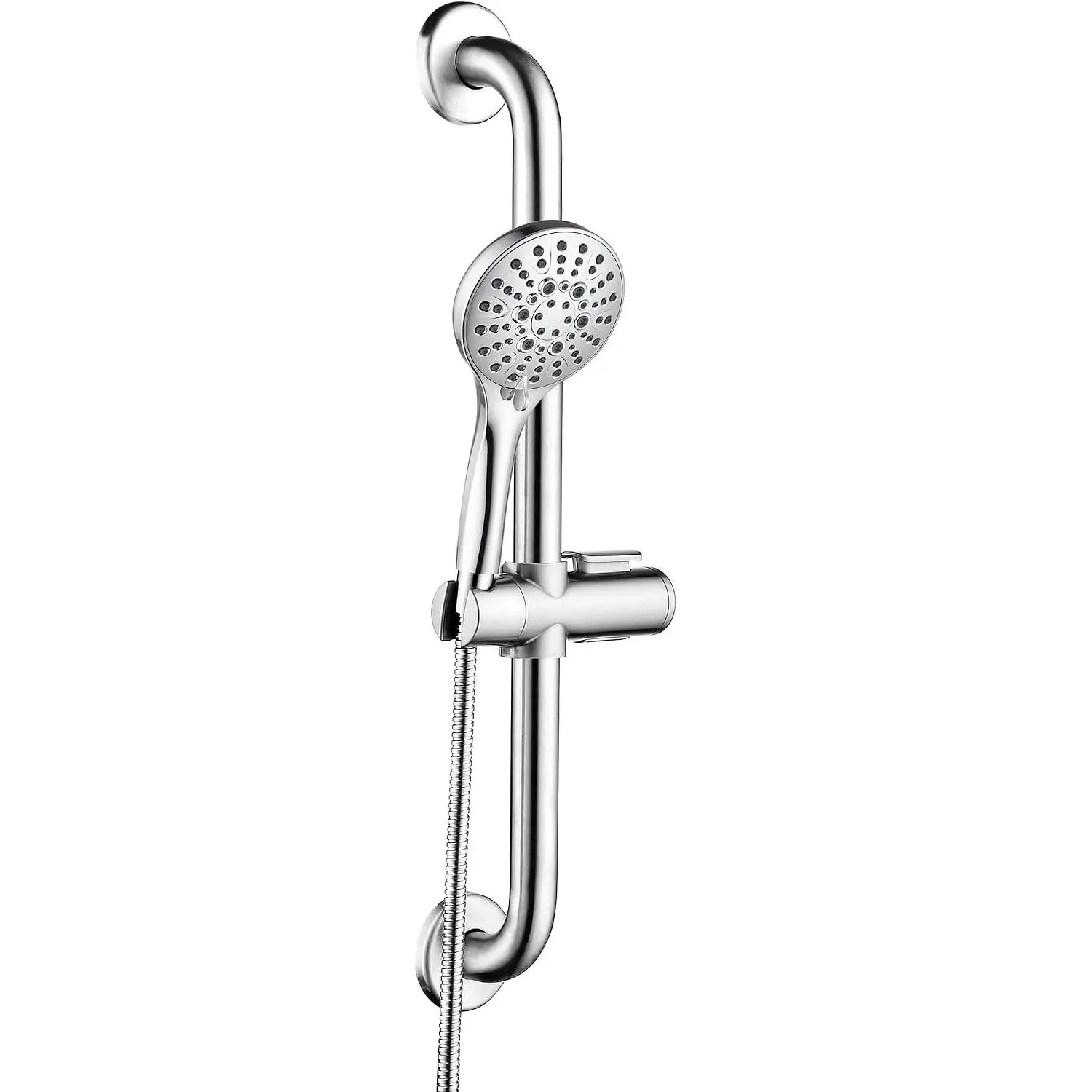 Stainless Steel Grab Bar Set - 23.6" Length, Chrome Plating, Height Adjust, Massage Mode, Handheld Shower with Extra Long Hose