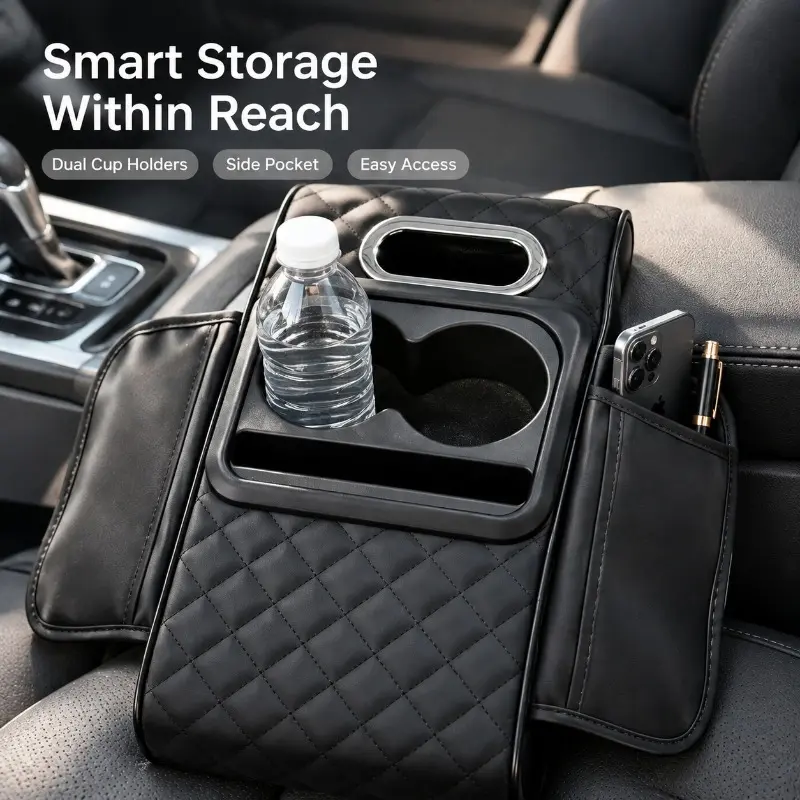 Multi-Function Car Armrest Raised Cushion, Quilted Nappa Leather, Dual Cup Holders Tissue Box & Side Pockets, Padded Elbow Support, Velcro, Universal Car Interior Accessory