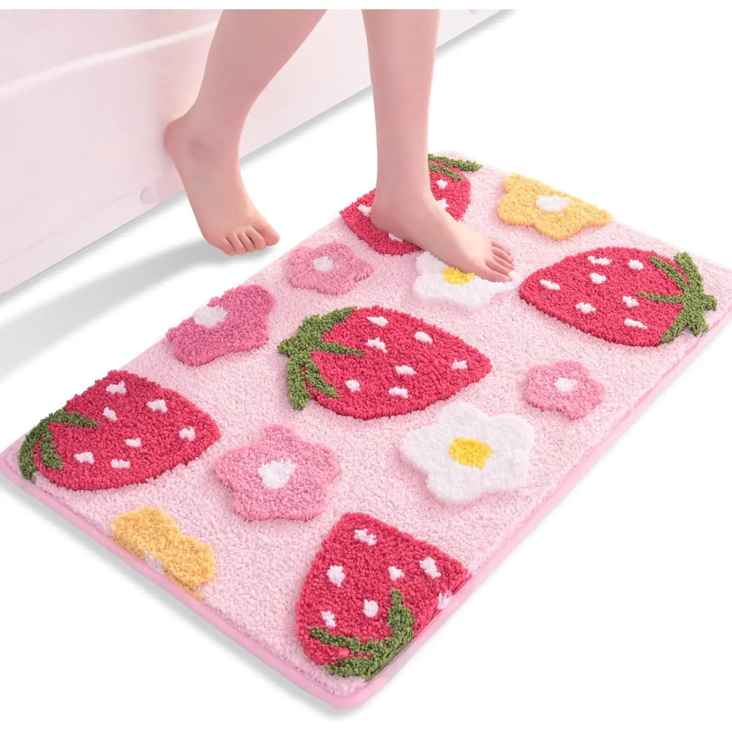Pink Bathroom Rugs Cute Strawberry Flower Bath Mat Bathroom Accessories, Funny Colorful Non Slip Floor Bath Rug Machine Washable Bathmat Soft Microfiber Carpet for Shower, Bathtub (18x25 inch)