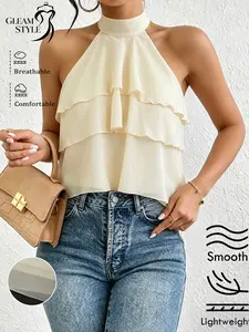 Fashionable Pure Color Halter Neck Top, Casual Sleeveless Asymmetrical Ruffle Dress, Essential Daily Commute Wear, Versatile Style