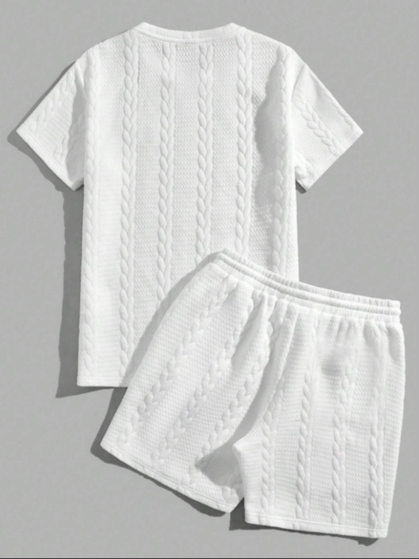 Men's Solid Textured Patched Tee & Drawstring Waist Shorts Set, Regular Fit Casual Round Neck Short Sleeve T-shirt & Pocket Shorts, Men's Summer Clothes