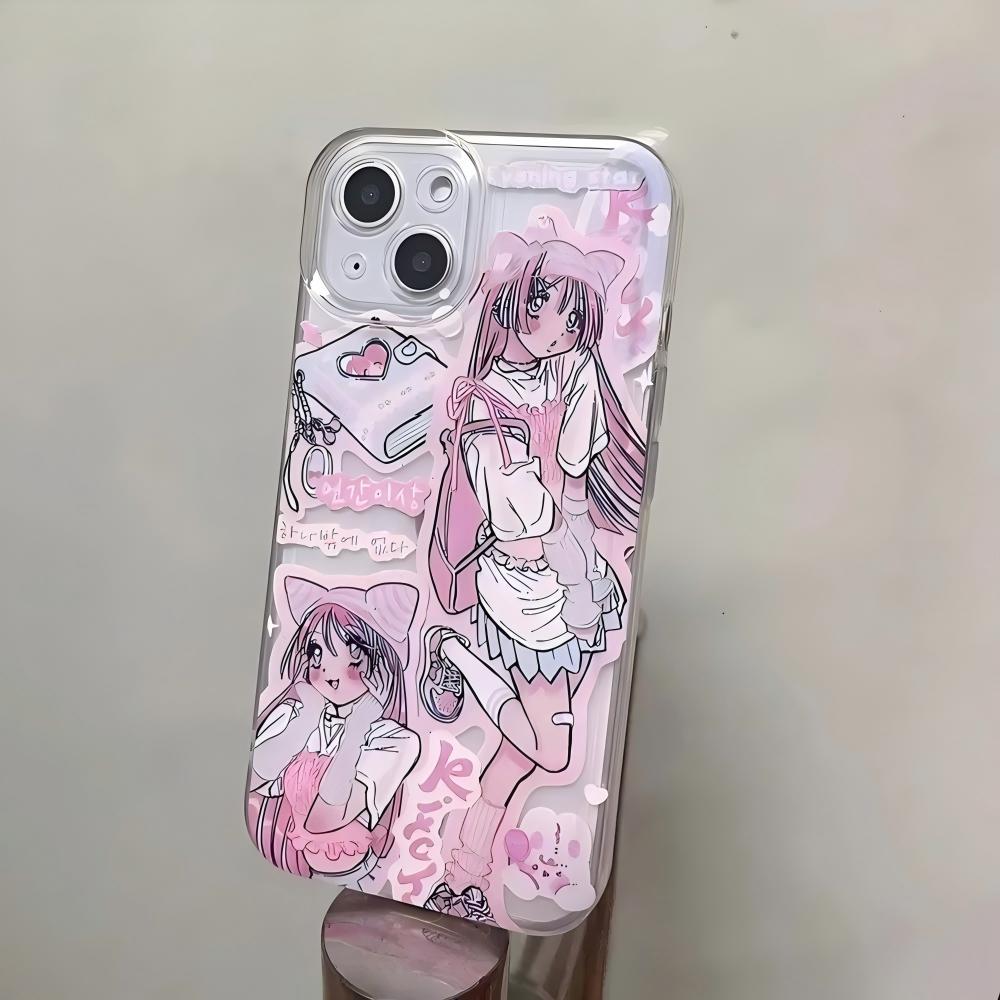 Comic Kawaii Pink Anime Girl Phone Case for iPhone 17 16 15 14 13 12 11 Air Pro Max Plus Stylish Cute Soft Clear Shockproof Durable