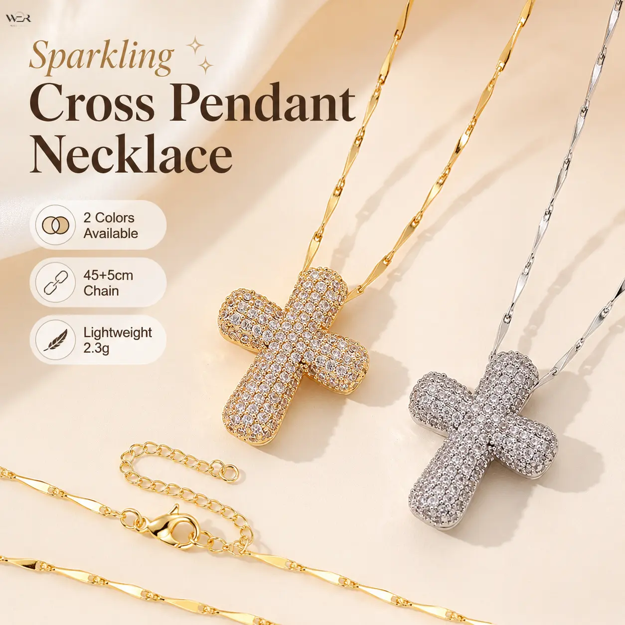 Gold Silver Two Tone Paved Zircon Cross Pendant Necklace for Women, Copper Thin Twist Chain with 45+5cm Adjustable Extender, Lightweight Minimalist Religious Faith Jewelry for Daily Wear Prayer Party Baptism Gift