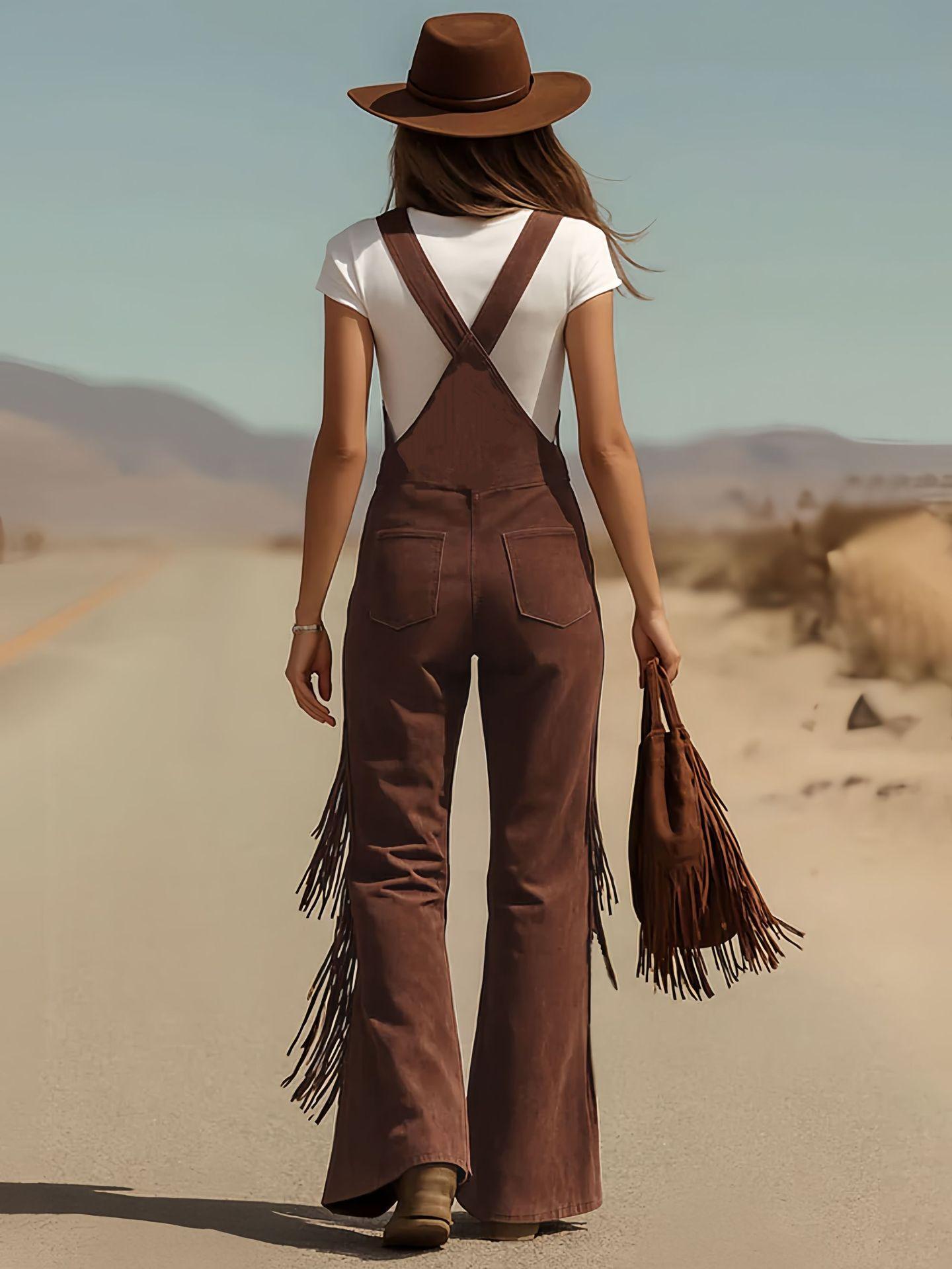 Women's Retro Faux Suede Fringe Wide-Leg Cargo Pants