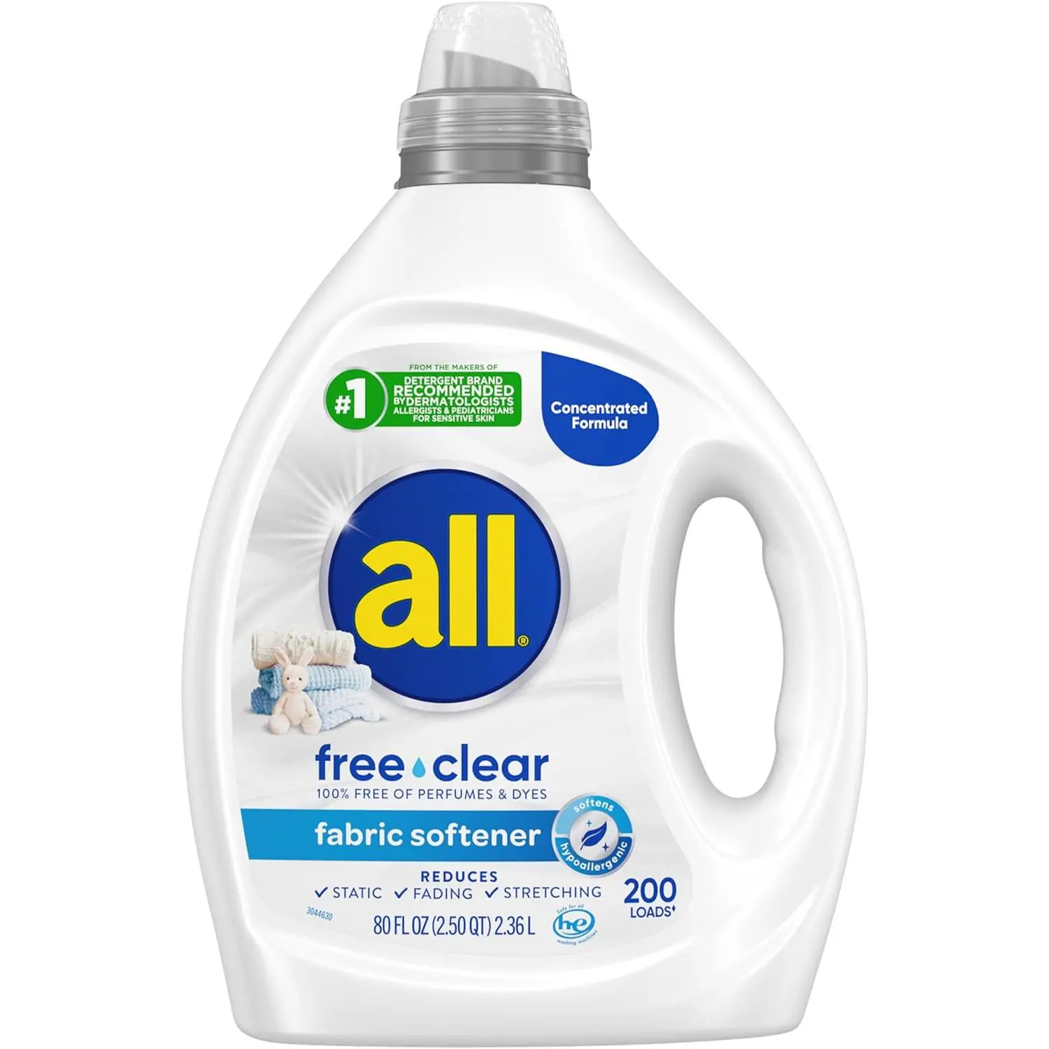 Liquid Fabric Softener for Sensitive Skin, Unscented and Hypoallergenic, Concentrated, 80oz, 200 Loads
