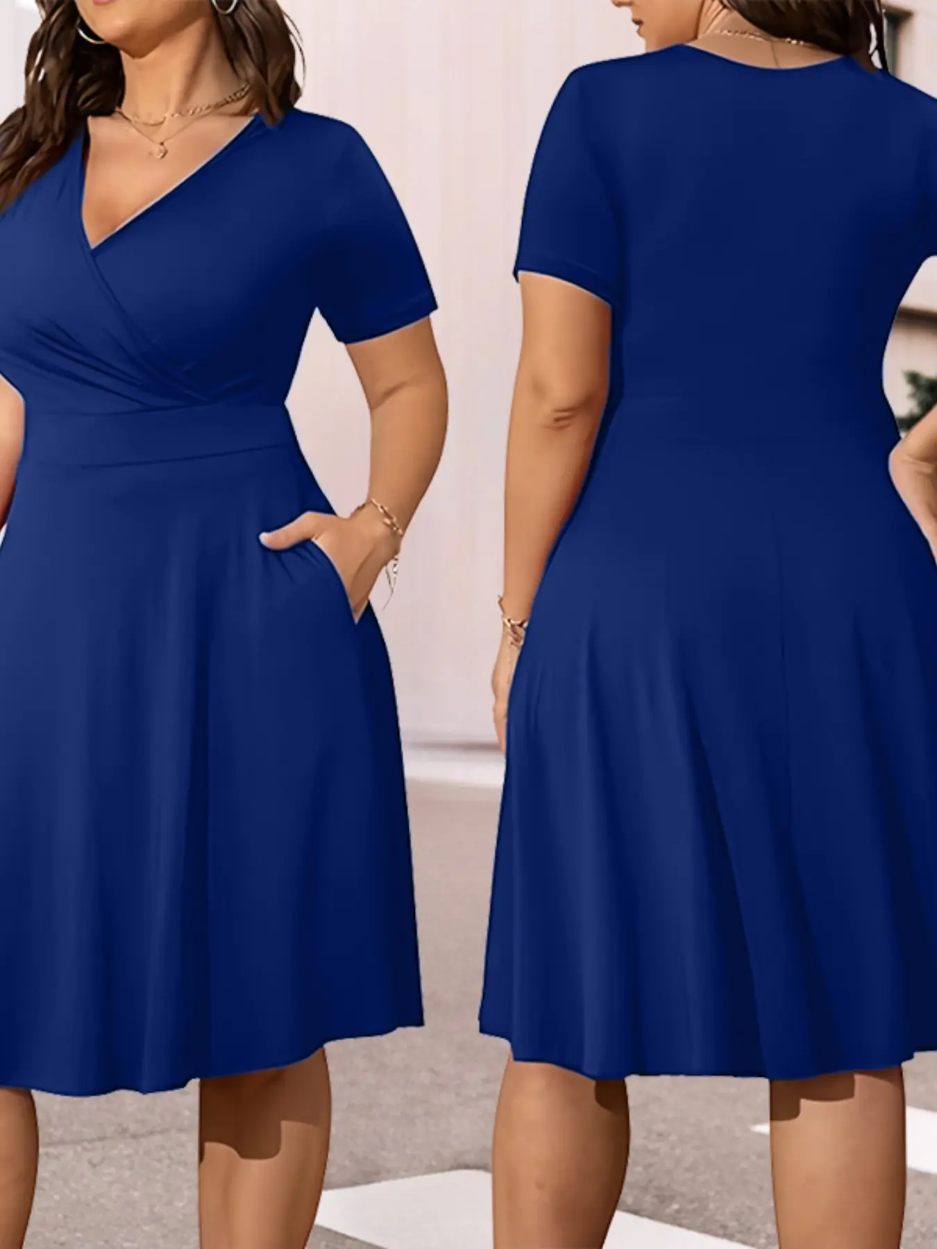 New Spring Summer Women's V Neck Dress with Side Pockets, a Line Knee Length, Elegant Casual Fashion Versatile High-End Feel