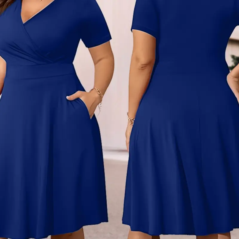 New Spring Summer Women's V Neck Dress with Side Pockets, a Line Knee Length, Elegant Casual Fashion Versatile High-End Feel