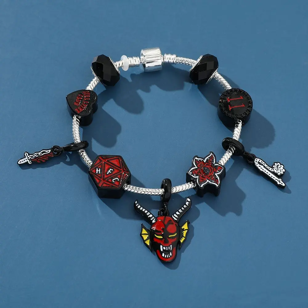 Stranger Things Hellfire Club Charm Bracelet - D&D Demogorgon Devil Beaded Snake Chain Jewelry, Unisex Movie Collectibles, Daily Wear Chain Jewelry Bracelets & Bangles Gift for Fans, Movies, Beaded Snake Chain Bracelet