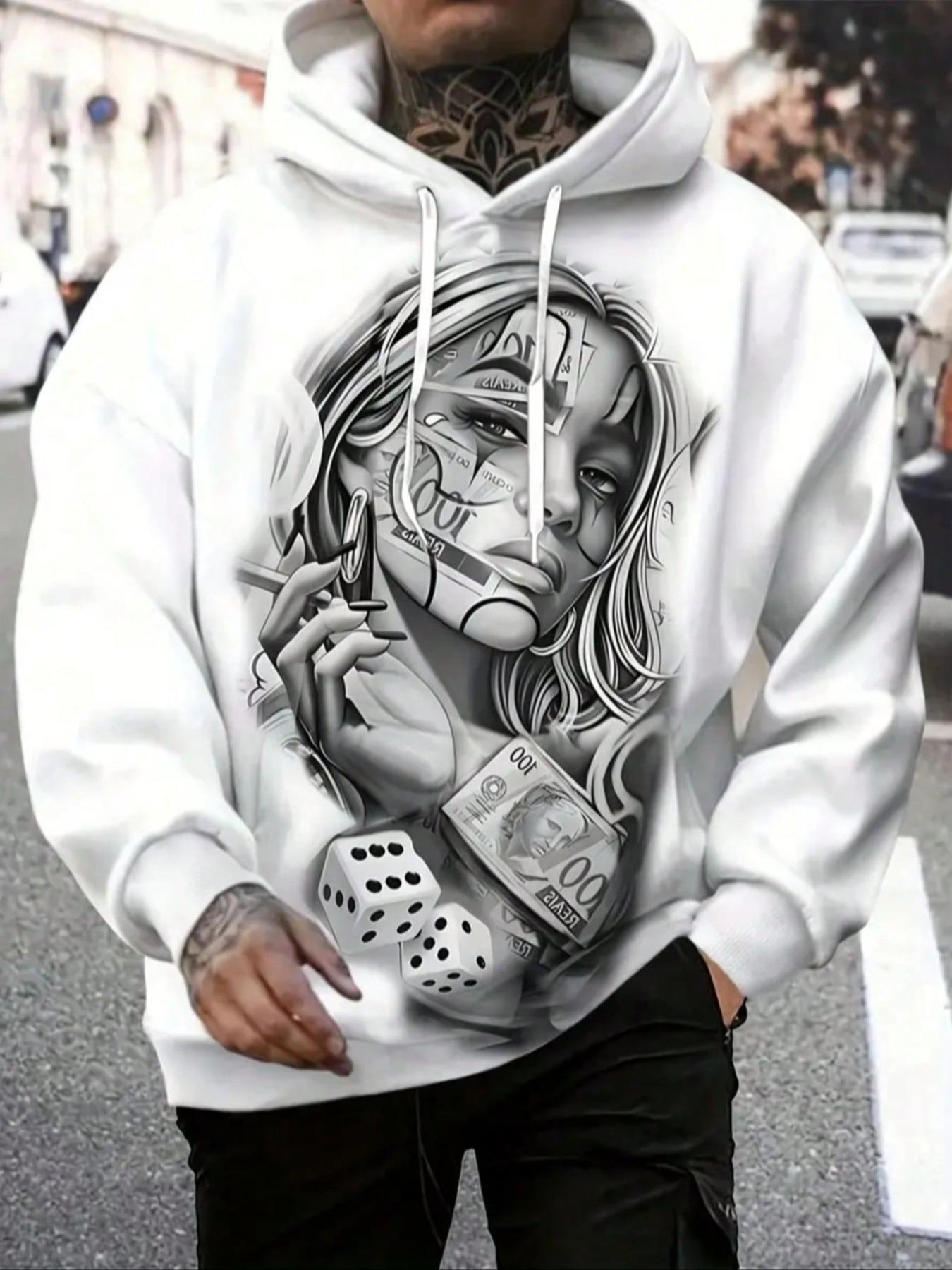 Men's Fashion Graphic Print Hoodie with Creative Girl 3D Print, Warm Pullover Sweatshirt with Pocket & Drawstring, Casual Long Sleeve Fitted Top
