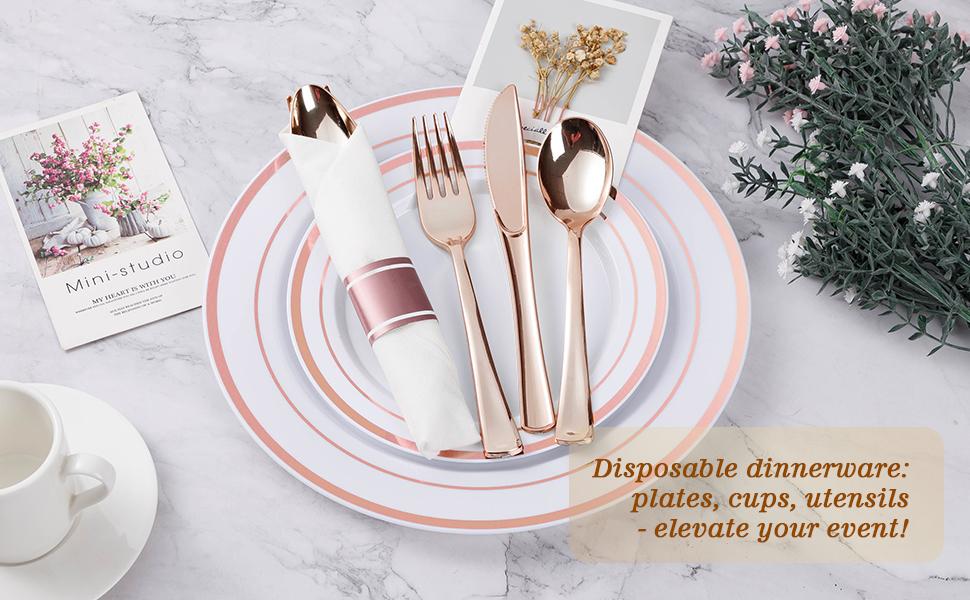 350PCS Rose Gold Plastic Plates & Silverware Set for 50 Guests – Includes 100 Plates, 50 Napkins with Rose Gold Cutlery & 50 Cups for Weddings, Anniversaries & Special Events Birthday Party Tray Mother's day Baby Showers Disposable