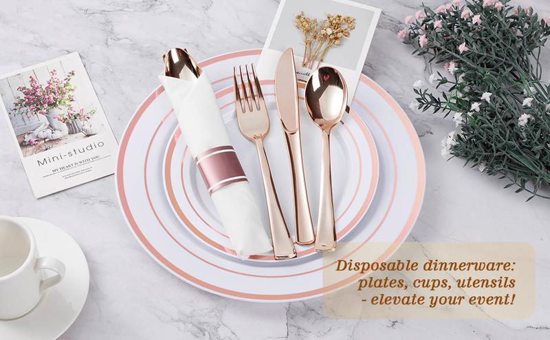 350PCS Rose Gold Plastic Plates & Silverware Set for 50 Guests – Includes 100 Plates, 50 Napkins with Rose Gold Cutlery & 50 Cups for Weddings, Anniversaries & Special Events Birthday Party Tray Mother's day Baby Showers Disposable