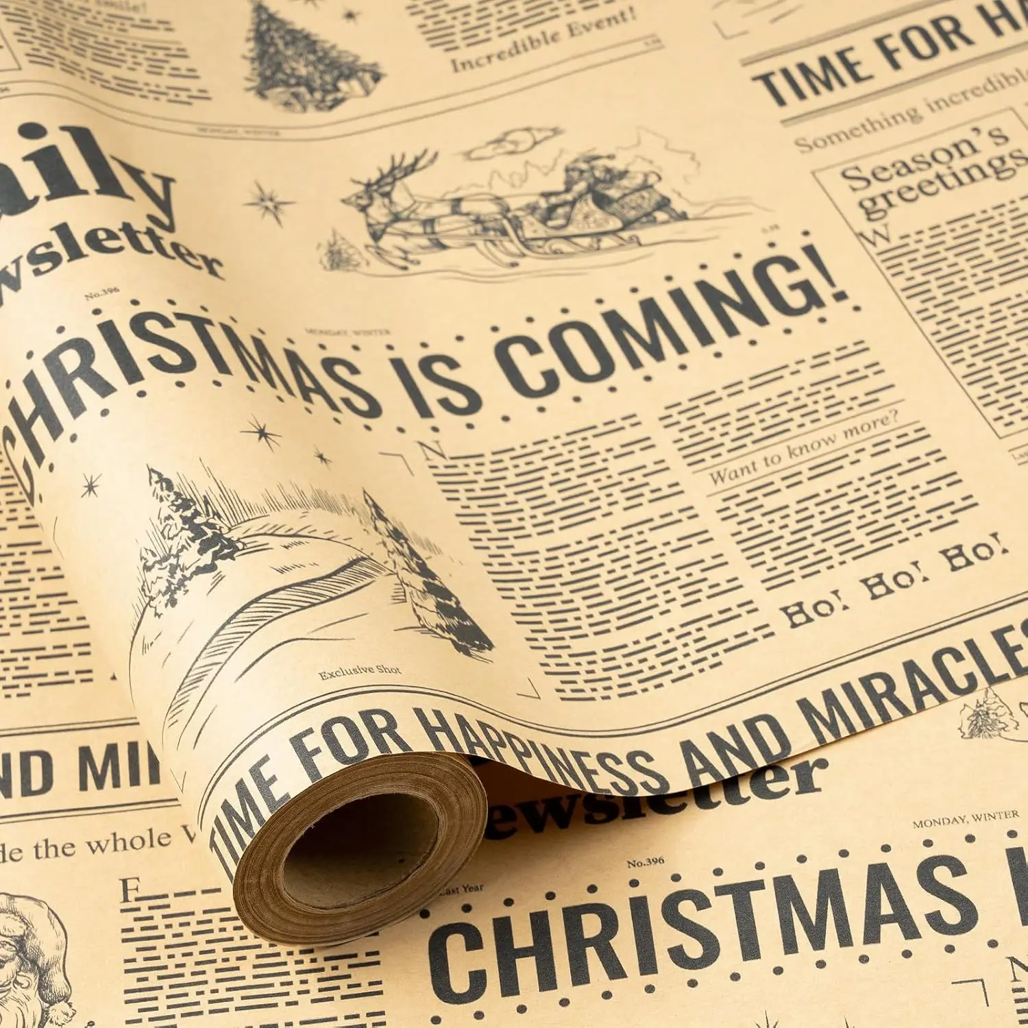 RUSPEPA Vintage Kraft Christmas Wrapping Paper Roll with Christmas Is Coming Headline,Santa,Reindeer,Nutcracker Festive Designs,Rustic Gift Wrapping Paper for Christmas Gifts,Holiday Party,Family Celebration, 17 Inch x 16.4 Feet