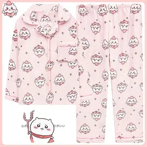 Anime Usag Hachiware Flannel Pajamas Coral Fleece Loose Long-Sleeved Shirt and Pants Cute Cartoon Pattern Household Clothes