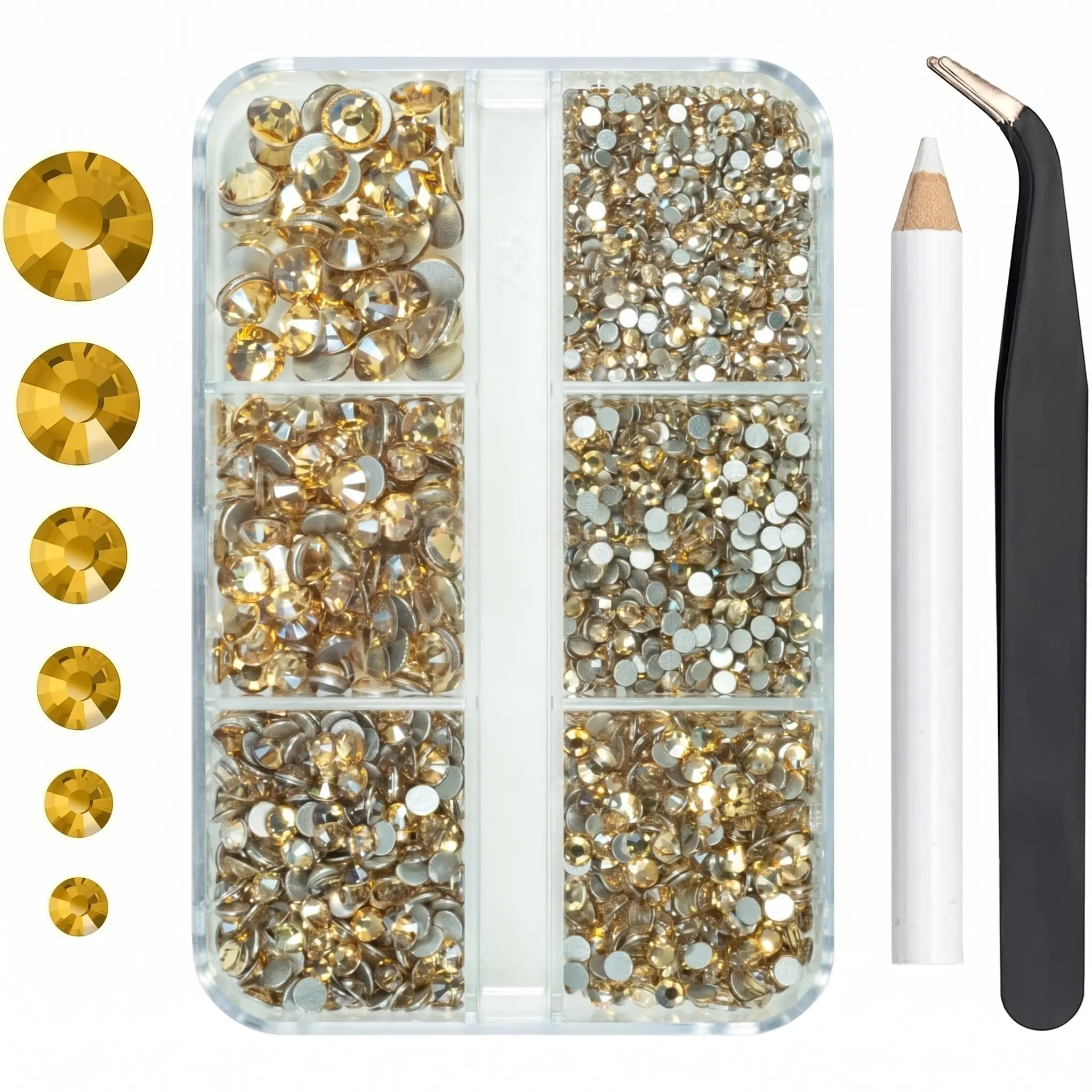 2550pcs Champagne Golden Nail Art Flatback Rhinestones, Nail Gems, Ss4-Ss20 Sizes, Bling Diamonds, Tweezer & Picking Pen, DIY Craft Supplies, Nail Art Set, Nail Decoration Supplies