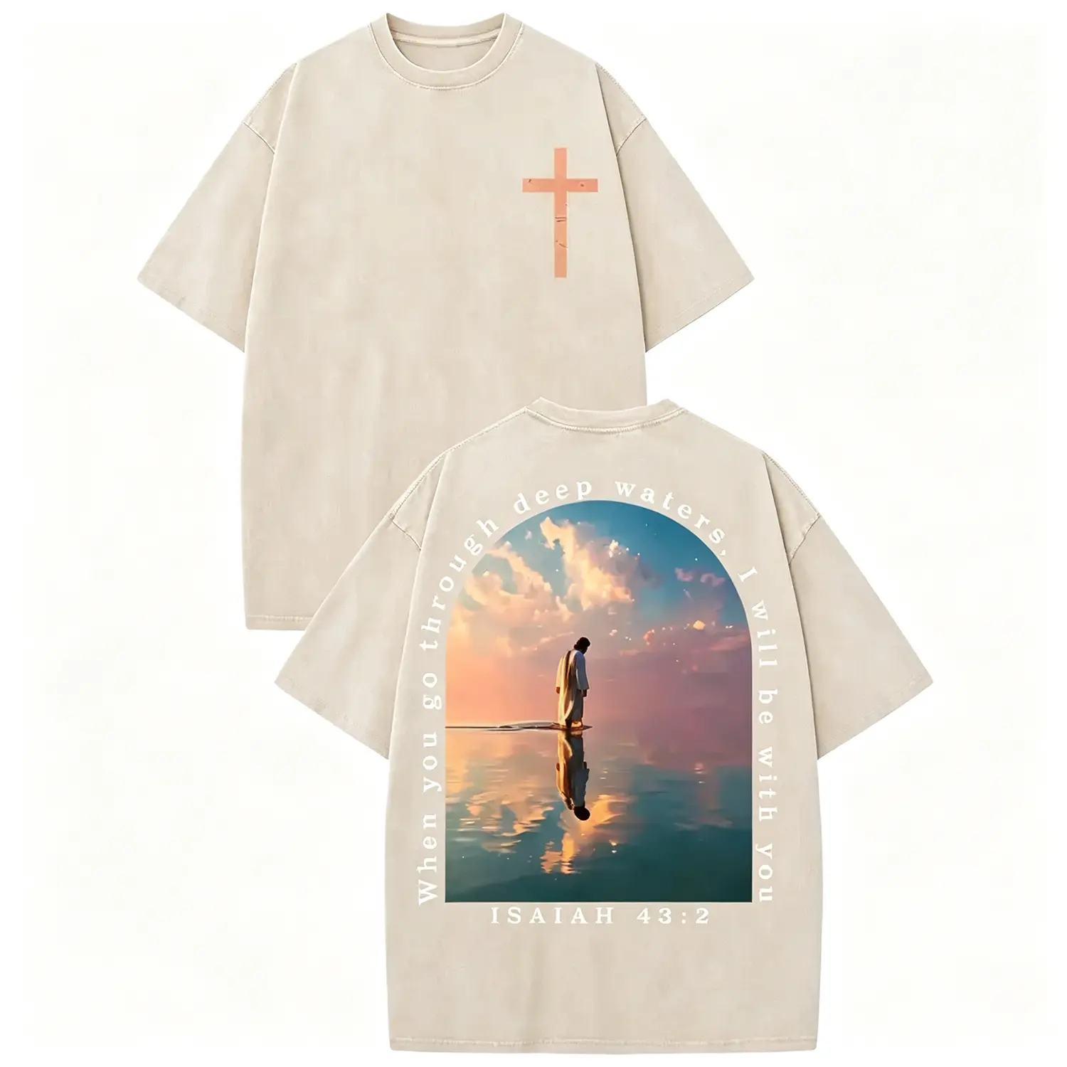 Isaiah 43:2 Christian Graphic Tee, When You Go Through Deep Waters Bible Verse Shirt, Cross Faith Vintage Washed T-Shirt, Retro Streetwear Top, Religious Gift