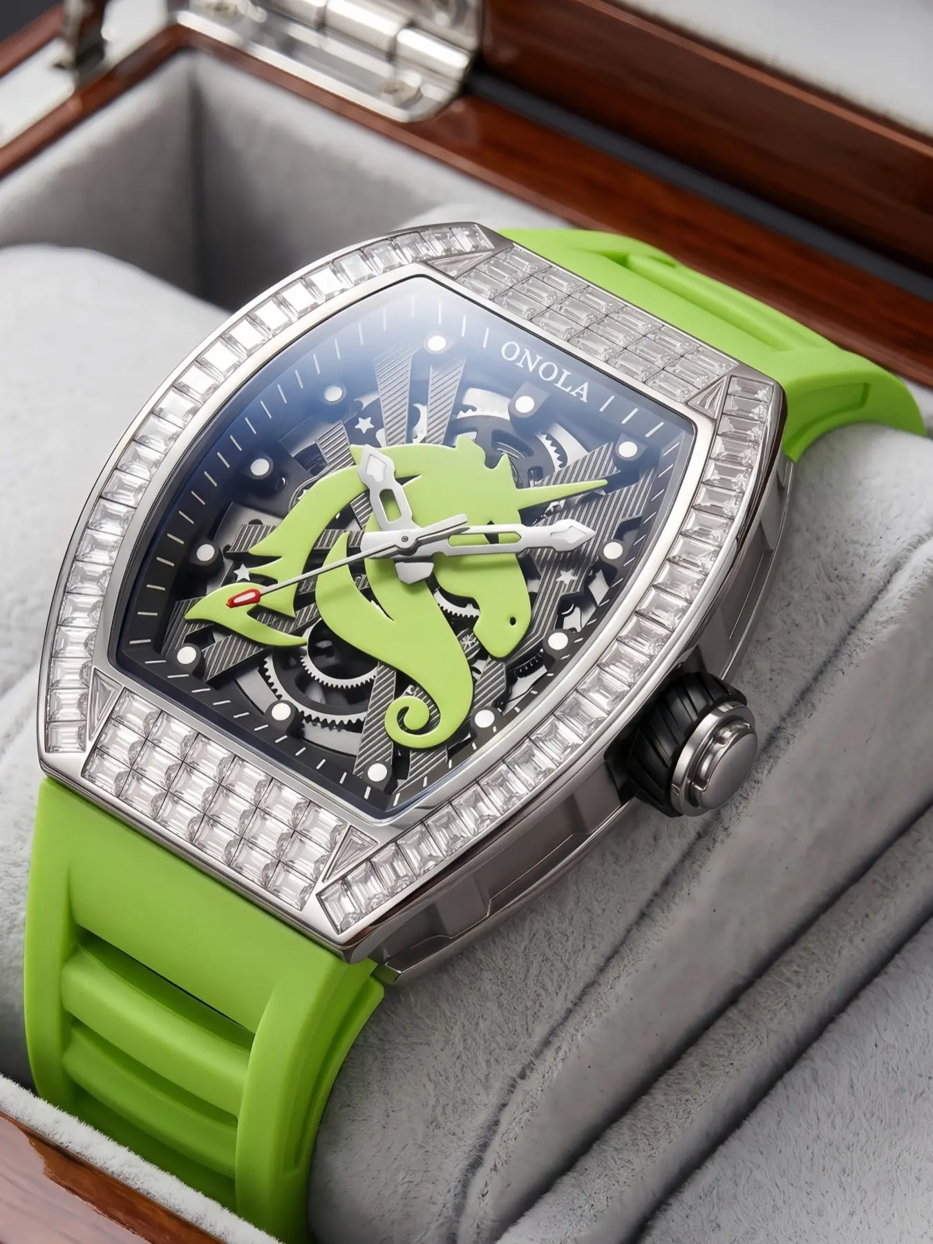 ONOLA NEW Mechanical Watch, Automatic Mechanical Wrist Watches, Tonneau Diamond Mechanical Watch, Large Silicone Strap Watch, Trendy Sport Wristwatch